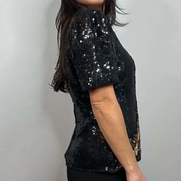 Stenay Vintage Silk Black Fall Leaf Pattern Sequin & Beaded Blouse - Picture 3 of 8